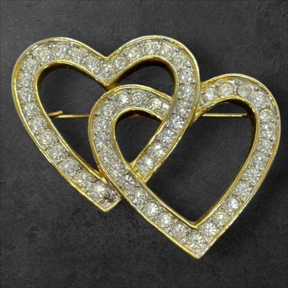 Roman Vintage Double Heart Pin Rhinestones Gold Metal